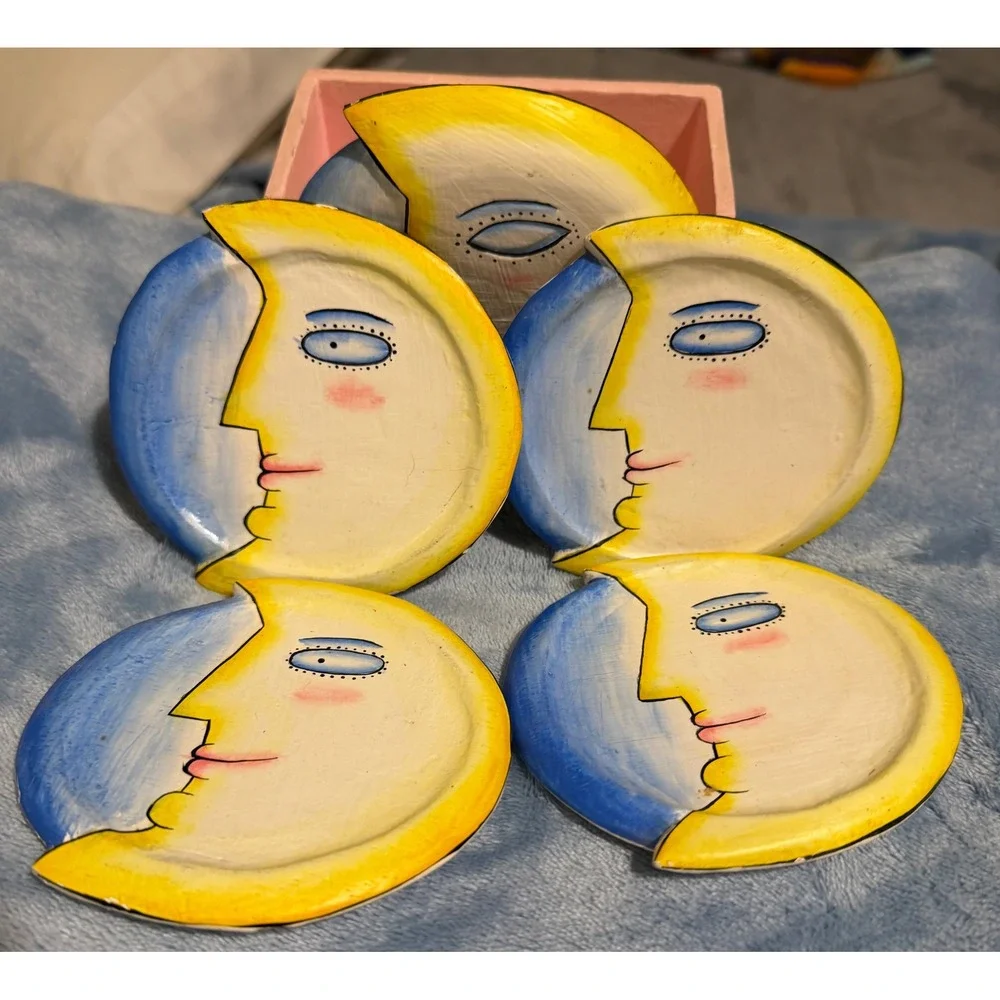 Vintage Celestial Moon Face Coaster Set with Pink Wooden Holder Hand Painted 5pc